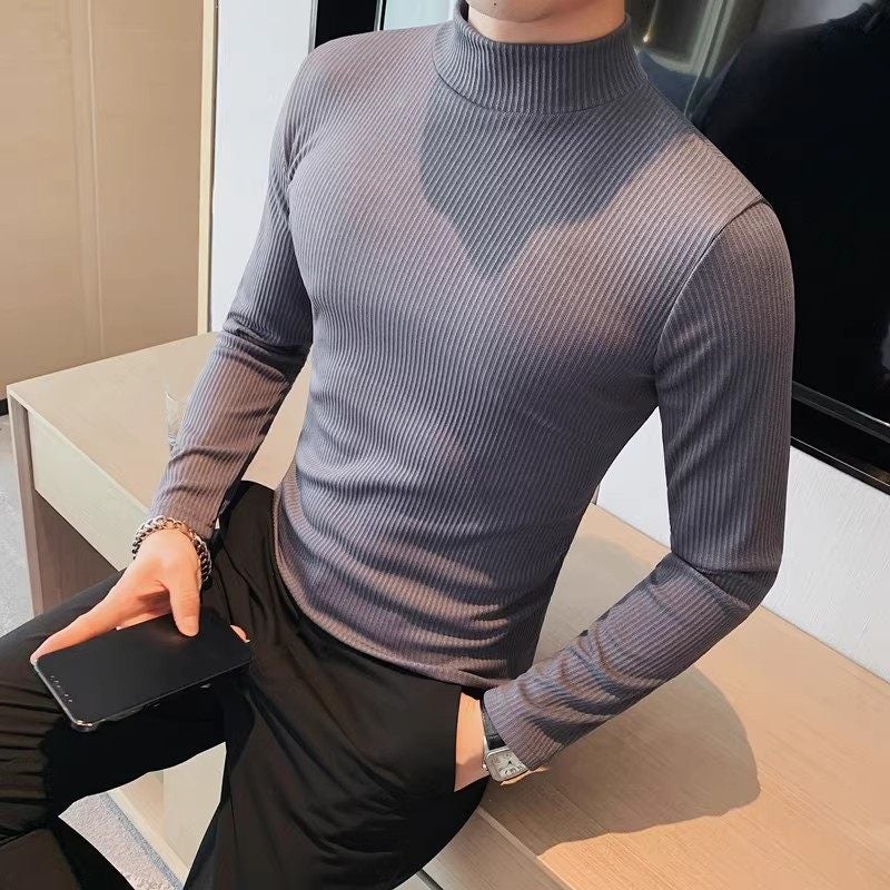 2025 autumn new half-turtleneck base shirt men's long-sleeved autumn clothes versatile striped slim-fit top inner T-shirt - Image 3