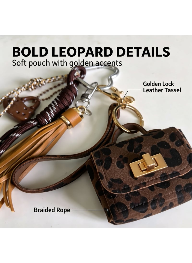 Teeny Baby Leopard Print Mini Pouch Bag Charm Keychain with Tassel and Carabiner - Image 3