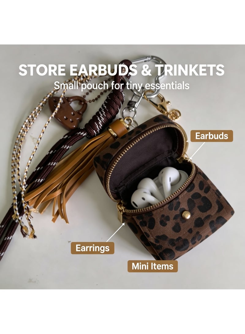 Teeny Baby Leopard Print Mini Pouch Bag Charm Keychain with Tassel and Carabiner - Image 2