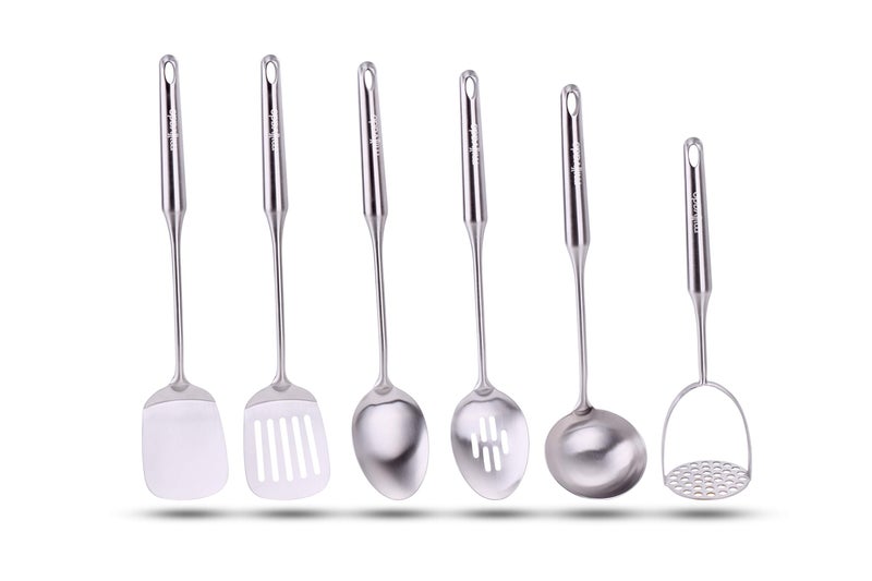Millvado Stainless Steel Kitchen Utensil Set Cooking Utensils Set of 6 Kitchen Tools Solid Spoon Slotted Spoon Solid Turner Slotted Turner Soup Ladle Potato Masher Dishwasher Safe