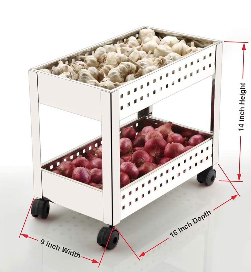 Keepwell Stainless Steel 2Tier Multipurpose Kitchen Rack Vegetable Trolley Fruit Basket Onion Potato Storage Trolley with Caster Wheel for Home Kitchen - Image 2