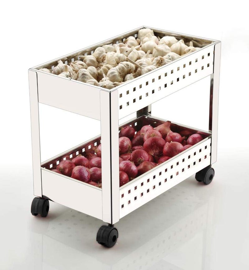 Keepwell Stainless Steel 2Tier Multipurpose Kitchen Rack Vegetable Trolley Fruit Basket Onion Potato Storage Trolley with Caster Wheel for Home Kitchen - Image 1