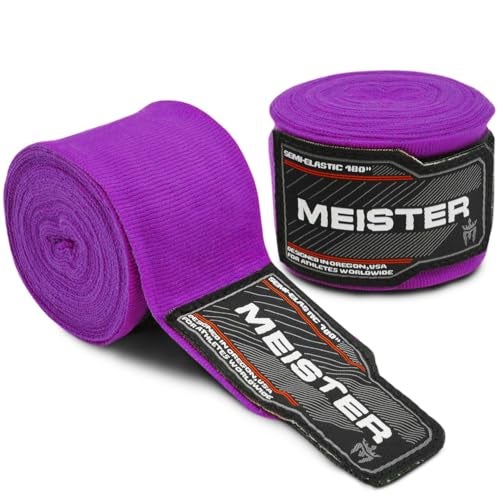 Meister Adult 180" Semi-Elastic Hand Wraps for MMA & Boxing (Pair) - Purple - Image 1