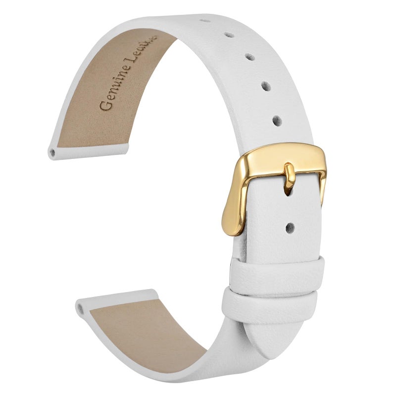 WOCCI 14mm Lug Width, Elegant Watch Band, Genuine Leather Replacement Strap with Gold Buckle (White) - Image 1
