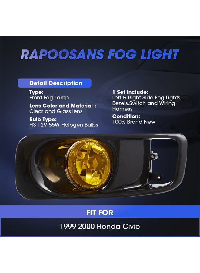 RAPOOSANS Driving Fog Lights Lamps Assemby Kit for Honda Civic 1999 2000 Fog Light Compatible with H3 12V 55W Bulbs Switch and Wiring Kit (Yellow Lens) - Image 3