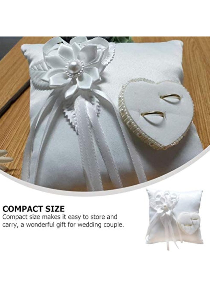 KASTWAVE Wedding Ring Pillow, Lace Pearl Wedding Ring Bearer Pillow Holder Cushion, Square Flower Bud Ring Pillow, 7.9 Inch Ring Bearer, for Wedding Party, White  - Image 3