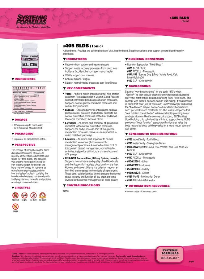 Systemic Formulas Systemic Formulas BLDB Tonic 60 Capsules Bio Challenge #405. Blood Health. Contains Liver, Kidney, Spleen and Hemoglobin Tissue.  - Image 2