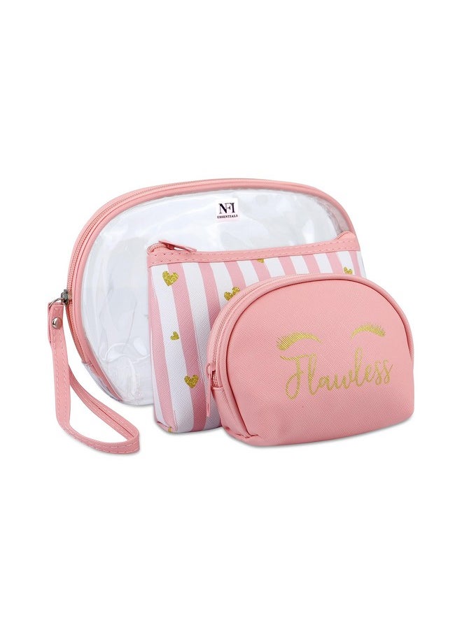 NFI essentials NFI essentials 3 Pcs. Cosmetic Pouch Makeup Pouch Semi-Circle Vanity Bag Travel Organizer Toiletry Pouch for Women Zippered Pouch Set, Large, Medium, Small (Pink)  - Image 1