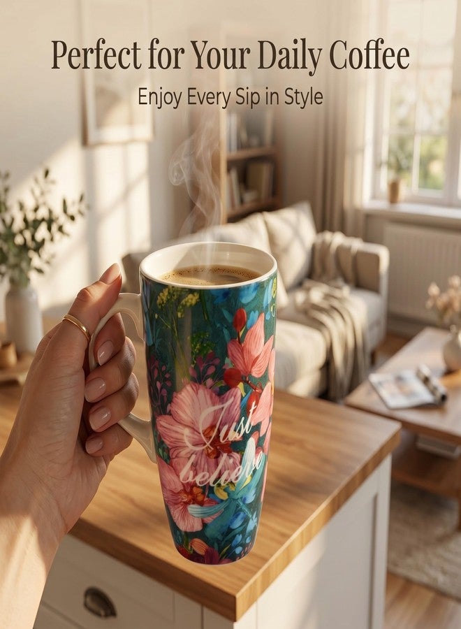 DUSVALLY Ceramic coffee mug with lid&mug with lid-coffee mugs mug tea cup set cute coffee mugs ceramic mug ceramic coffee mug for Home,Just Believe Flowers GiftBox,17oz - Image 2