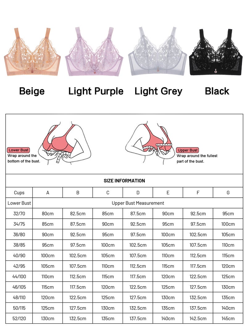 Floral Lace Bra: 34D Beige Non Wire Non Pad Soft Thin Sheer Lace Cup - Wide Breathable Mesh Side Wing Adjustable Strap Hook-and-eye Back Closure for Daily Wear - Image 3