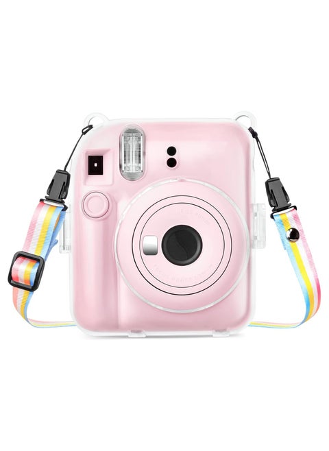 Clear Case Compatible with Fuji Instax Mini 12 - Hard Carrying Case Bag for Fujifilm Instax Mini 12 Instant Camera - PC Cover with Rainbow Shoulder Strap