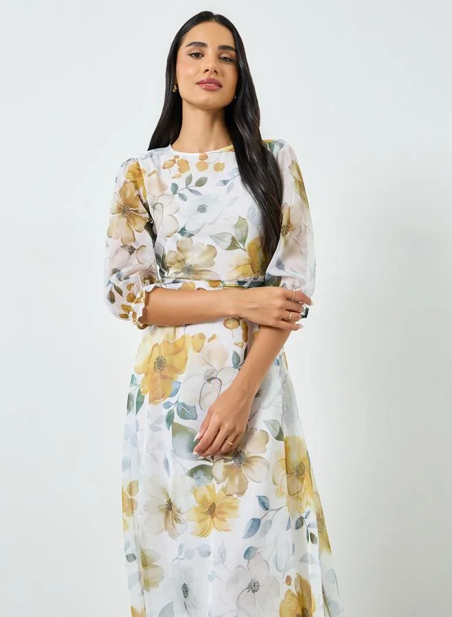 Styli Floral Print Organza A-Line Maxi Dress