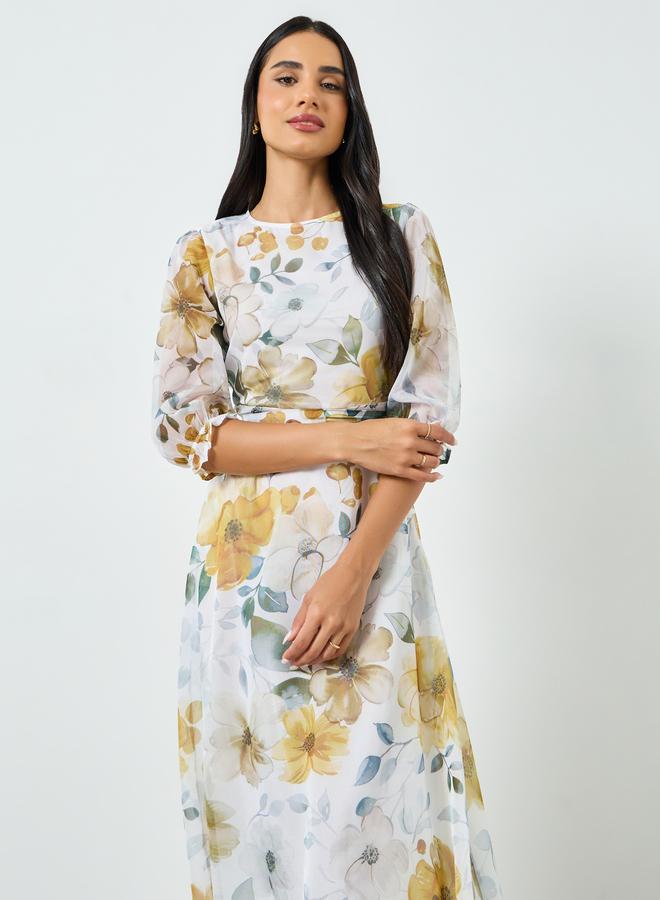 ستايلي فستان طويل بحافة واسعة أورجانزا بطبعة زهور - Image 2