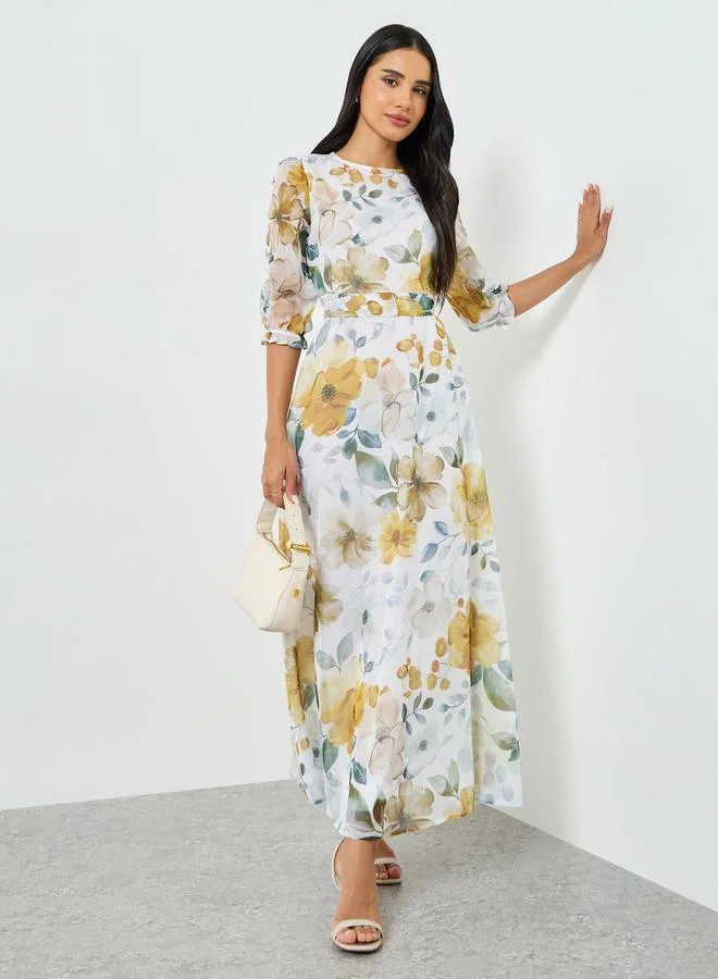Styli Floral Print Organza A-Line Maxi Dress