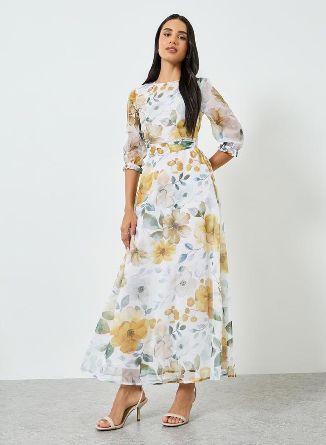 ستايلي فستان طويل بحافة واسعة أورجانزا بطبعة زهور - Image 3