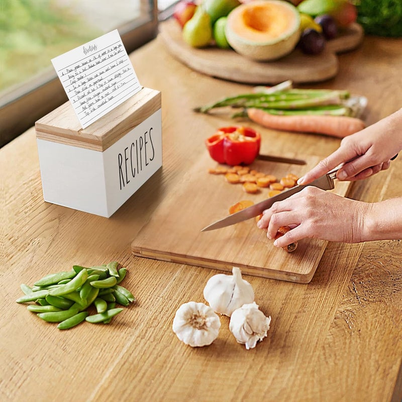 Dahey Wooden Recipe Box White Recipe Organizer with 100 Recipe Cards and 6 Dividers, Recipe Card Holder Box Set with Brown Lid and Slots for Bridal Showers Weddings Cooking Lover Kitchen - Image 2