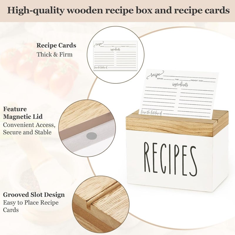 Dahey Wooden Recipe Box White Recipe Organizer with 100 Recipe Cards and 6 Dividers, Recipe Card Holder Box Set with Brown Lid and Slots for Bridal Showers Weddings Cooking Lover Kitchen - Image 4