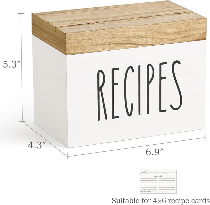 Dahey Wooden Recipe Box White Recipe Organizer with 100 Recipe Cards and 6 Dividers, Recipe Card Holder Box Set with Brown Lid and Slots for Bridal Showers Weddings Cooking Lover Kitchen - Image 3