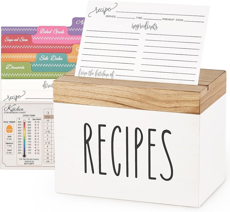 Dahey Wooden Recipe Box White Recipe Organizer with 100 Recipe Cards and 6 Dividers, Recipe Card Holder Box Set with Brown Lid and Slots for Bridal Showers Weddings Cooking Lover Kitchen - Image 1