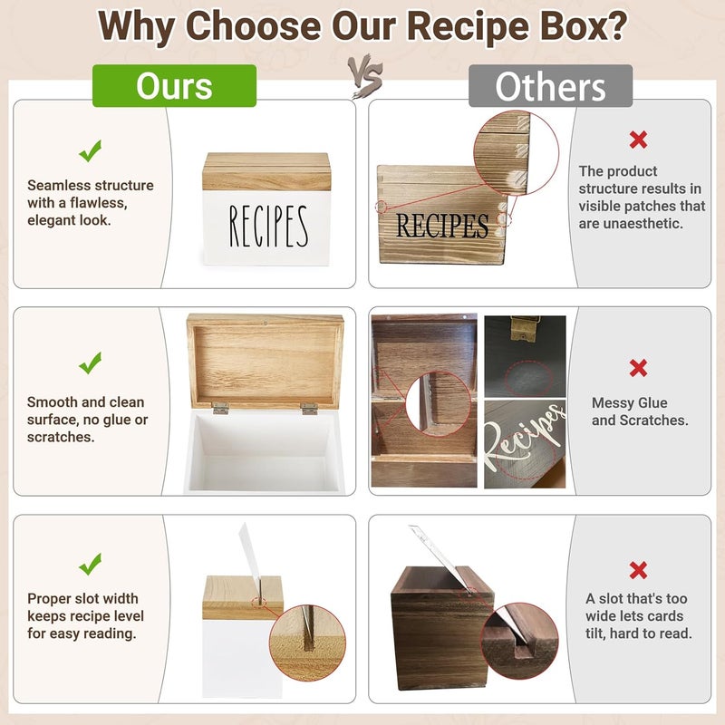 Dahey Wooden Recipe Box White Recipe Organizer with 100 Recipe Cards and 6 Dividers, Recipe Card Holder Box Set with Brown Lid and Slots for Bridal Showers Weddings Cooking Lover Kitchen - Image 5