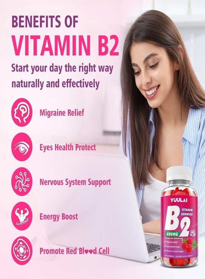 YUULAI Vitamin B2 Gummies 400mg | Riboflavin Supplement with Magnesium for Kids & Adults, B2 Gummies for Migraine Relief, Nervous System & Skin Health, Vegan, Sugar-Free, Raspberry Flavor, 60 Count - Image 2