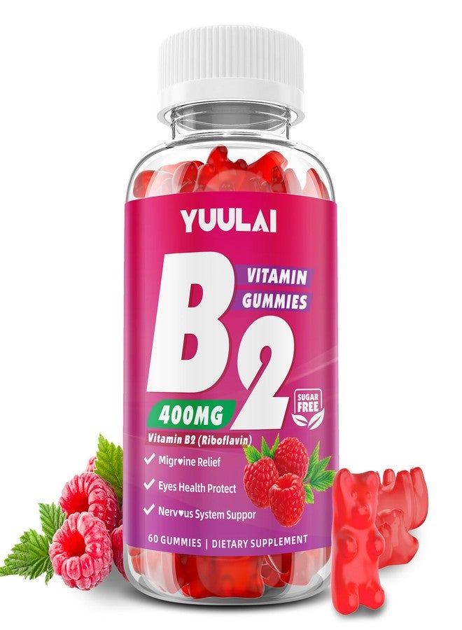 YUULAI Vitamin B2 Gummies 400mg | Riboflavin Supplement with Magnesium for Kids & Adults, B2 Gummies for Migraine Relief, Nervous System & Skin Health, Vegan, Sugar-Free, Raspberry Flavor, 60 Count - Image 1