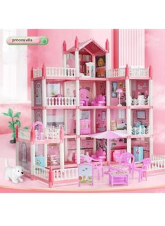 Beauenty 4 Floors Huge Dollhouse Play Set with 14 Rooms 4 Dolls 2 Color Light Strips with Lights to Assemble Kitchen, Bedroom, Furniture, Garden, Dolls, Pets DIY Pretend Play Doll House for Girls (Pink)  - Image 2