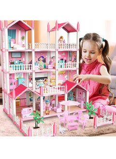 Beauenty 4 Floors Huge Dollhouse Play Set with 14 Rooms 4 Dolls 2 Color Light Strips with Lights to Assemble Kitchen, Bedroom, Furniture, Garden, Dolls, Pets DIY Pretend Play Doll House for Girls (Pink)  - Image 5