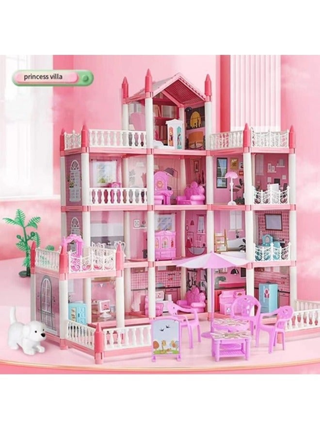 Beauenty 4 Floors Huge Dollhouse Play Set with 14 Rooms 4 Dolls 2 Color Light Strips with Lights to Assemble Kitchen, Bedroom, Furniture, Garden, Dolls, Pets DIY Pretend Play Doll House for Girls (Pink) - Image 2