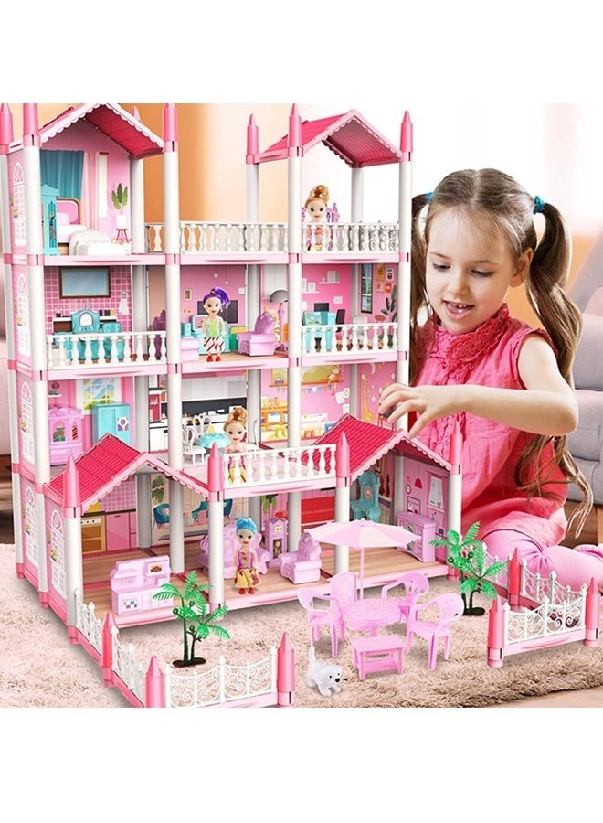 Beauenty 4 Floors Huge Dollhouse Play Set with 14 Rooms 4 Dolls 2 Color Light Strips with Lights to Assemble Kitchen, Bedroom, Furniture, Garden, Dolls, Pets DIY Pretend Play Doll House for Girls (Pink) - Image 5