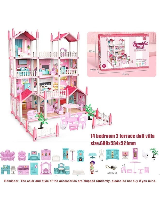 Beauenty 4 Floors Huge Dollhouse Play Set with 14 Rooms 4 Dolls 2 Color Light Strips with Lights to Assemble Kitchen, Bedroom, Furniture, Garden, Dolls, Pets DIY Pretend Play Doll House for Girls (Pink) - Image 3