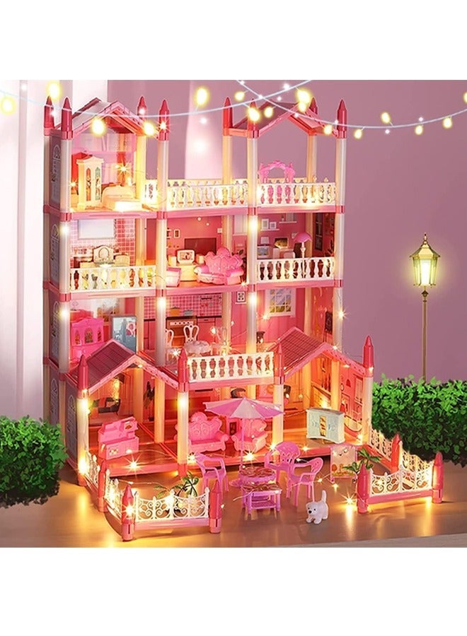 Beauenty 4 Floors Huge Dollhouse Play Set with 14 Rooms 4 Dolls 2 Color Light Strips with Lights to Assemble Kitchen, Bedroom, Furniture, Garden, Dolls, Pets DIY Pretend Play Doll House for Girls (Pink) - Image 1