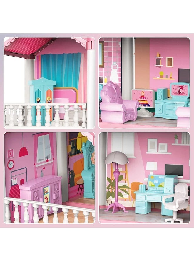 Beauenty 4 Floors Huge Dollhouse Play Set with 14 Rooms 4 Dolls 2 Color Light Strips with Lights to Assemble Kitchen, Bedroom, Furniture, Garden, Dolls, Pets DIY Pretend Play Doll House for Girls (Pink) - Image 4