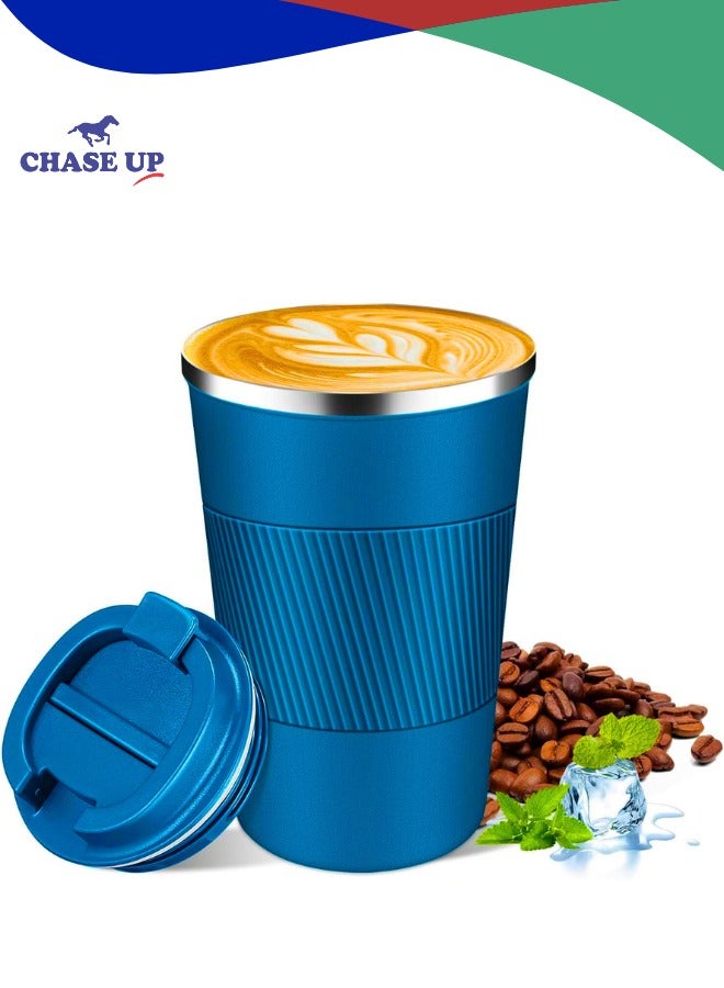 تشيس اب كوب قهوة للسفر مصنوع من الفولاذ المقاوم للصدأ بجدار مزدوج مفرغ من الهواء، كوب معزول للمشروبات الساخنة والمثلجة مع غطاء مانع للتسرب للاستخدام في المنزل والمكتب والصالة الرياضية والعمل في الهواء الطلق (أزرق دينيم، 380 مل) - Image 1