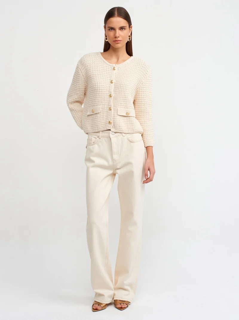 ديلفين 71448 Cotton Low Waist Wideleg Denim Trousers-Ecru
