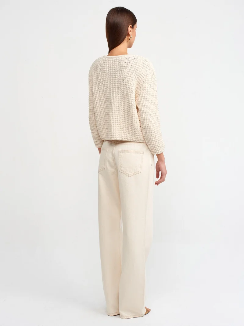 ديلفين 71448 Cotton Low Waist Wideleg Denim Trousers-Ecru