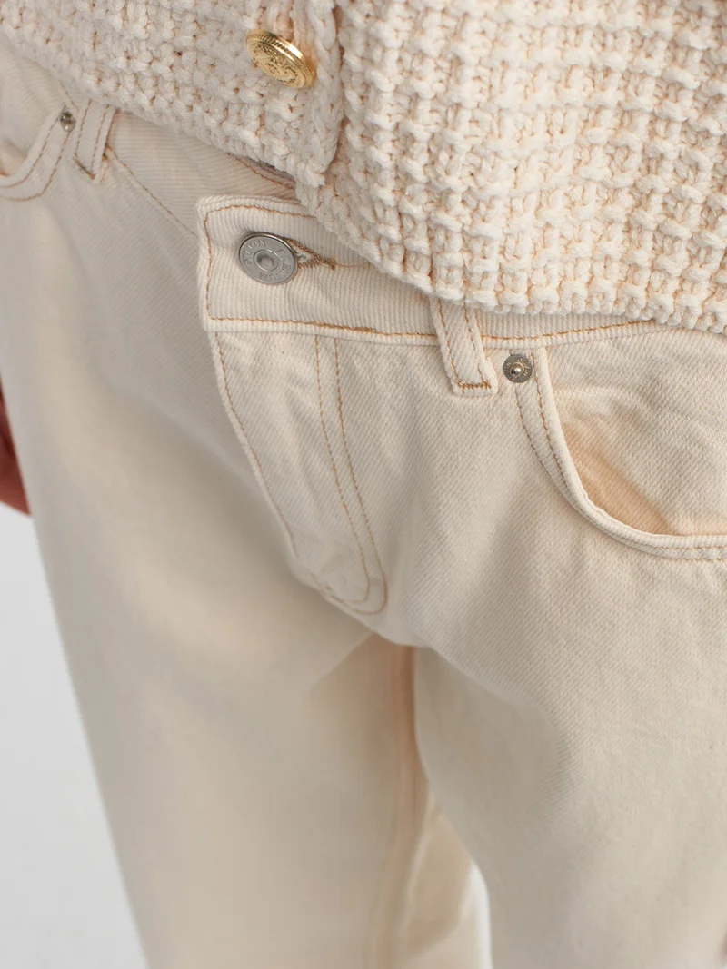 ديلفين 71448 Cotton Low Waist Wideleg Denim Trousers-Ecru