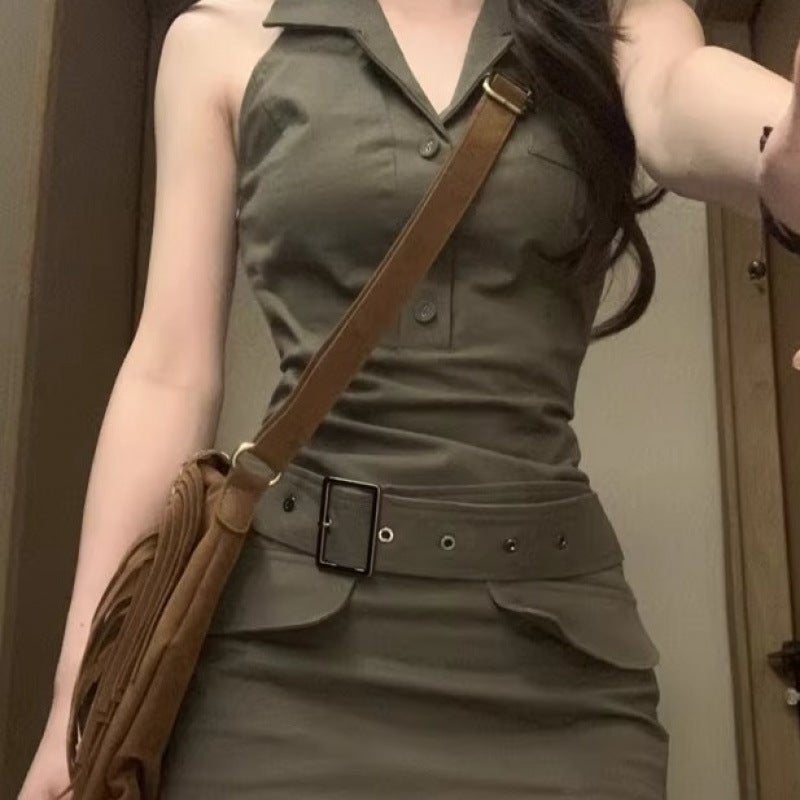 Retro Hot Girl Sleeveless Work Dress Womens Summer New Design Niche Slimming Waist and Hip Short Skirt Brown gray (high quality)
