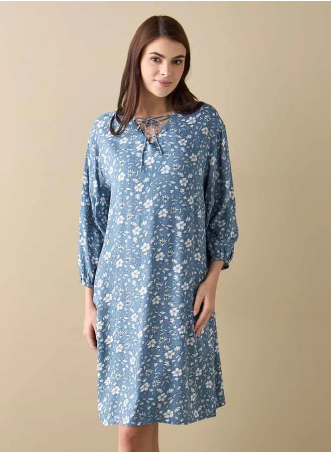 فاف All-Over Floral Print Sleepshirt with Tie-Ups and 3/4 Sleeves
