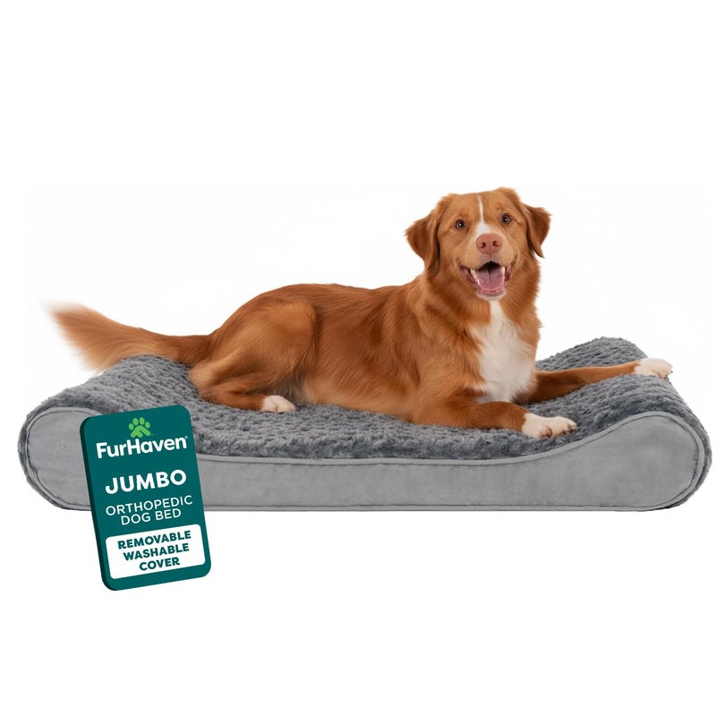 FurHaven Orthopedic Dog Bed for Large Dogs Luxe Lounger Contour Mattress with Solid Orthopedic Foam Slab for Joint Support Removable Washable Cover Jumbo XL Plush Suede Gray - Image 2