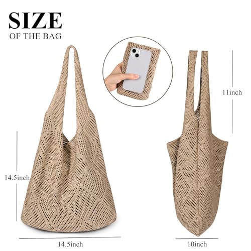 TOBEHIGHER Beach Bags for Women - Large Beach Tote Bag, Woven Hollow Summer Bag, Aesthetic Crochet Tote, Khaki - Image 3