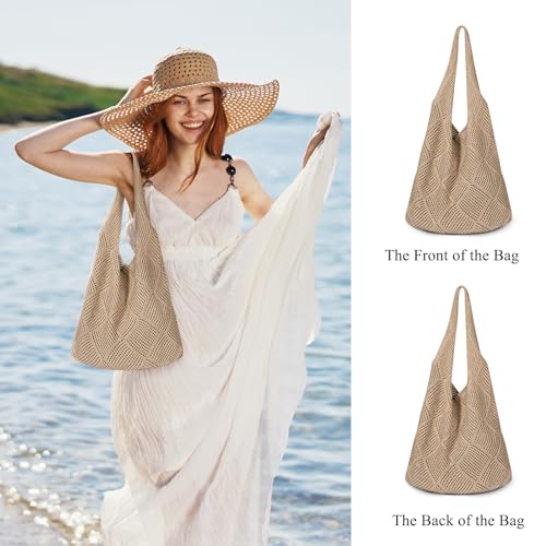 TOBEHIGHER Beach Bags for Women - Large Beach Tote Bag, Woven Hollow Summer Bag, Aesthetic Crochet Tote, Khaki - Image 2