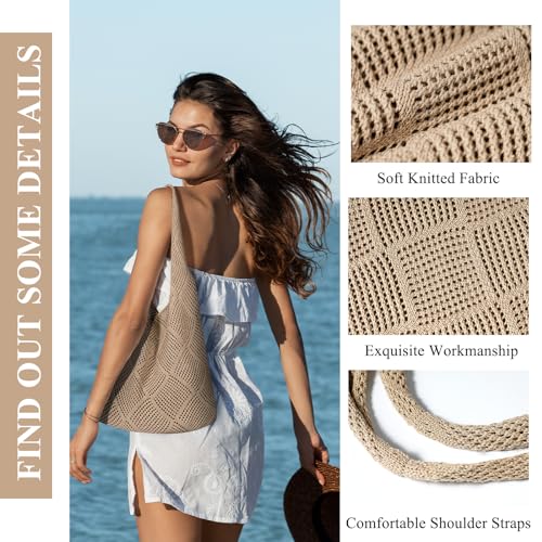 TOBEHIGHER Beach Bags for Women - Large Beach Tote Bag, Woven Hollow Summer Bag, Aesthetic Crochet Tote, Khaki - Image 4