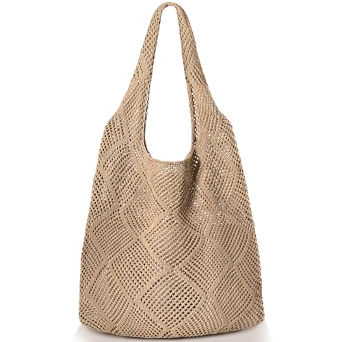 TOBEHIGHER Beach Bags for Women - Large Beach Tote Bag, Woven Hollow Summer Bag, Aesthetic Crochet Tote, Khaki - Image 1