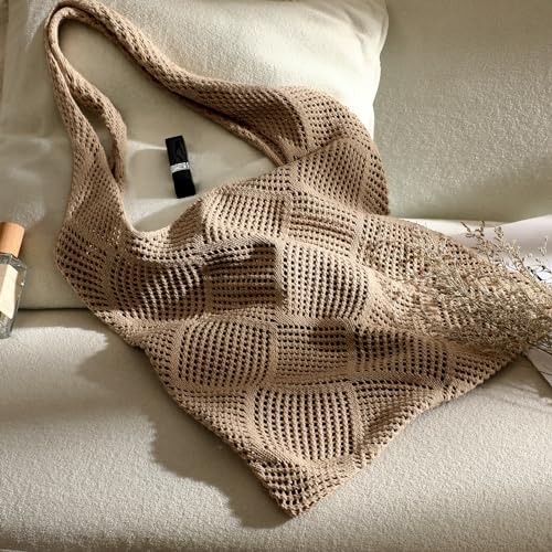 TOBEHIGHER Beach Bags for Women - Large Beach Tote Bag, Woven Hollow Summer Bag, Aesthetic Crochet Tote, Khaki - Image 5