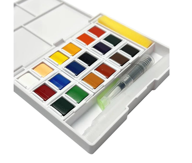 KABEER ART 18 Water Colors Travel Pocket Set Two Refillable Water Brush With 2 Sponge With Mixing Tray, Multi - Image 5