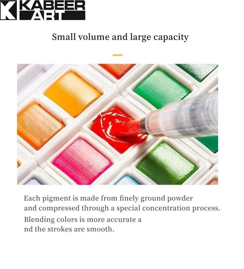 KABEER ART 18 Water Colors Travel Pocket Set Two Refillable Water Brush With 2 Sponge With Mixing Tray, Multi - Image 3