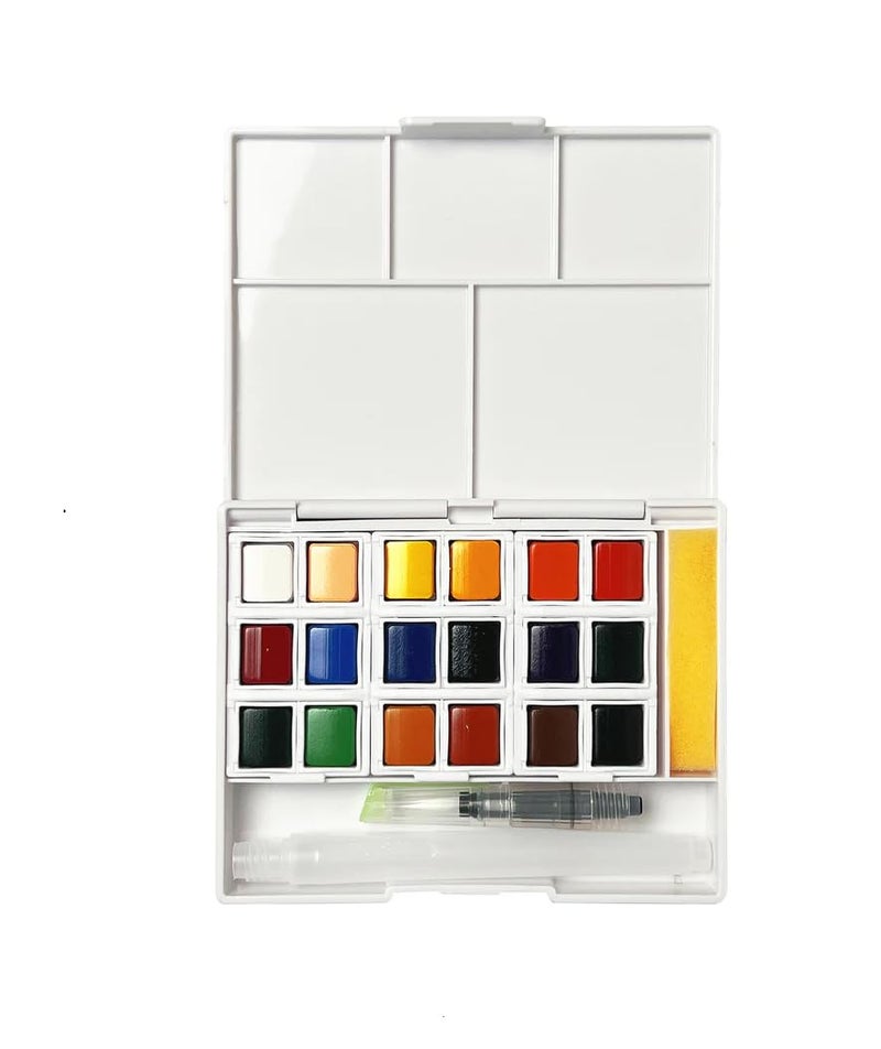 KABEER ART 18 Water Colors Travel Pocket Set Two Refillable Water Brush With 2 Sponge With Mixing Tray, Multi - Image 1