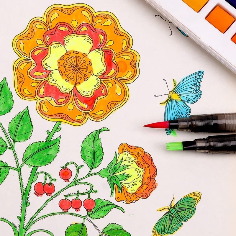 KABEER ART 18 Water Colors Travel Pocket Set Two Refillable Water Brush With 2 Sponge With Mixing Tray, Multi - Image 4