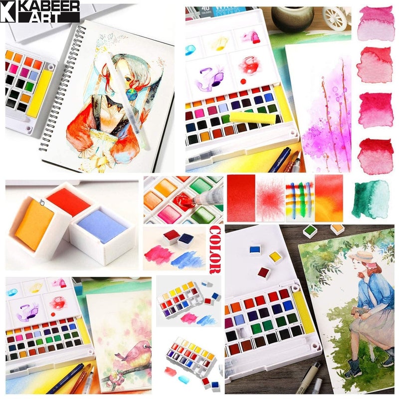 KABEER ART 18 Water Colors Travel Pocket Set Two Refillable Water Brush With 2 Sponge With Mixing Tray, Multi - Image 2